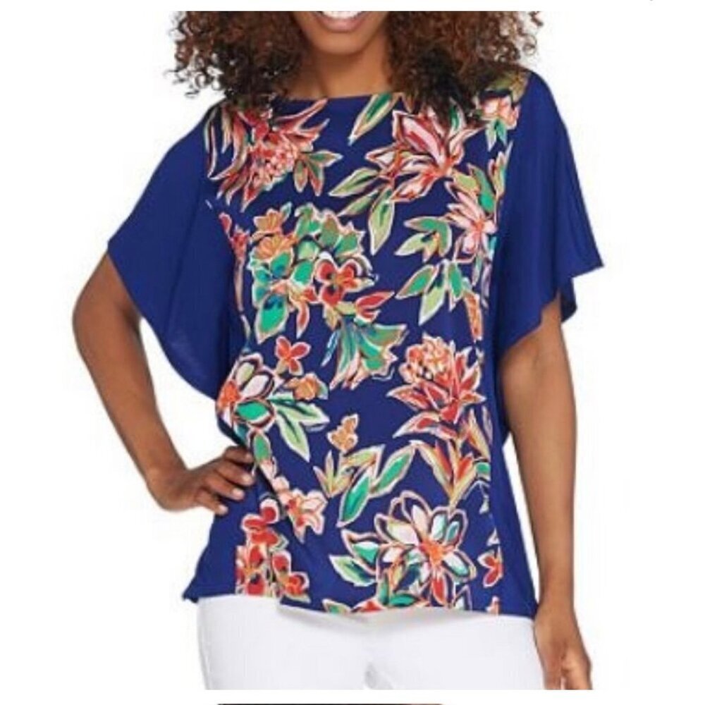Bob Mackie Wearable Art Women’s Batwing Blue Abstract Floral Print Blouse SZ SM